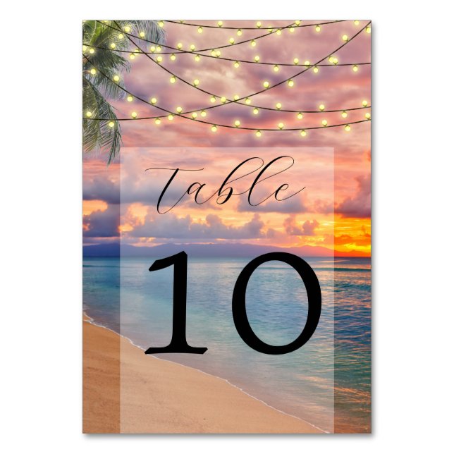 Sunset Beach String Lights Wedding Table Number (Front)