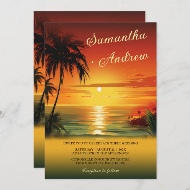 Sunset Beach Themed Wedding Invitations (Front/Back)