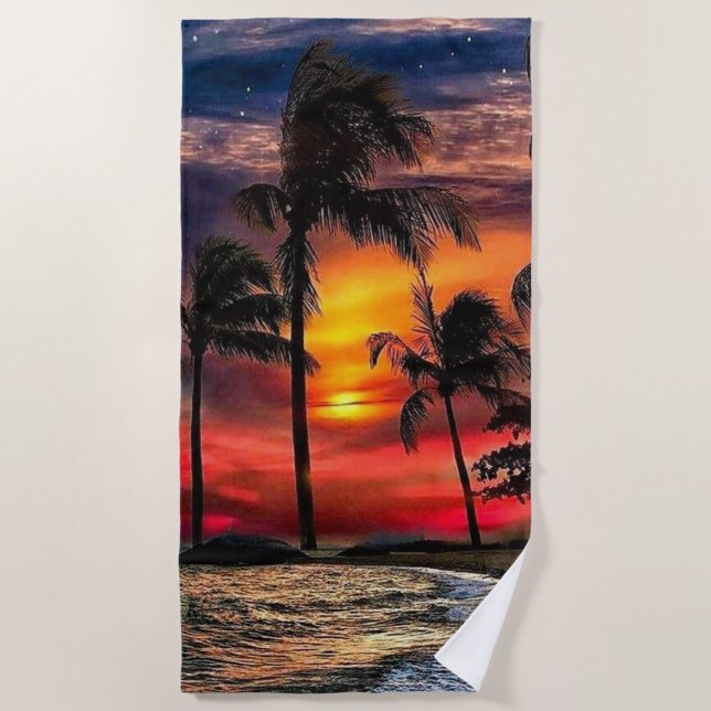 Sunset Beach Towel with the Ocean and Palm Trees (Front)
