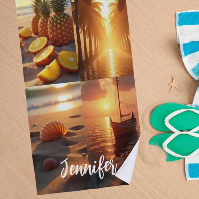 Sunset beach tropical ocean photo collage beach towel (Creator Uploaded)