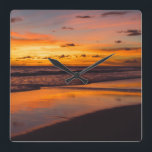 Sunset Beach Tropical Orange Yellow Ocean Square Wall Clock<br><div class="desc">Enjoy the sunset every day with this design. The beautiful oranges and yellows make this sunset absolutely stunning and will be a great addition to your beach themed bathroom.</div>