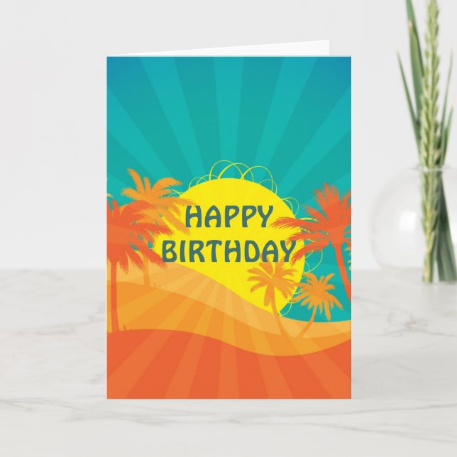 Sunset Beach tropical retro surf birthday Card (Front)