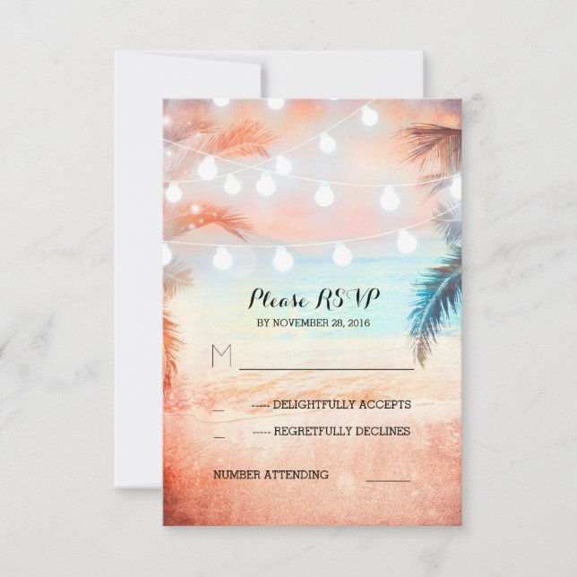 sunset beach twinkle lights pink wedding RSVP Card (Front)