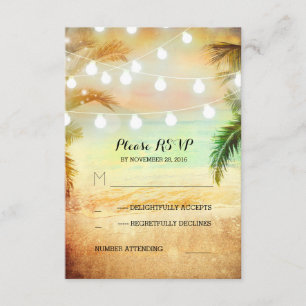 sunset beach twinkle lights tropical wedding RSVP Card