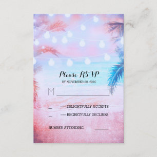 sunset beach twinkle lights tropical wedding RSVP Card