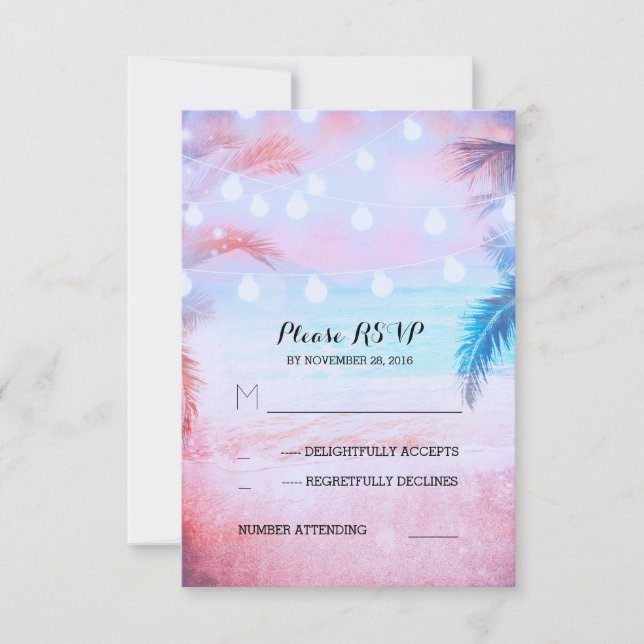 sunset beach twinkle lights tropical wedding RSVP Card (Front)