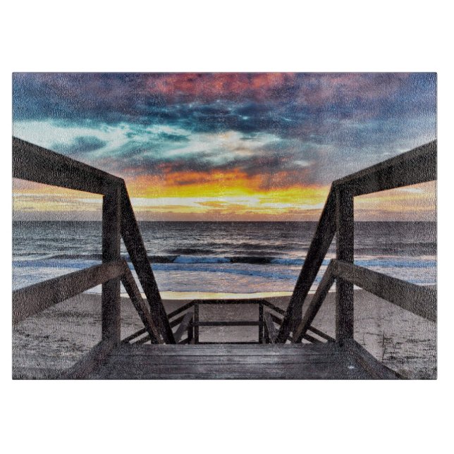 Sunset Beach View from Rustic Wood Deck Cutting Board (Front)