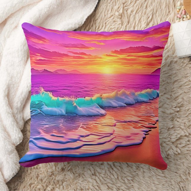 Sunset Beach Waves Design Cushion (Blanket)