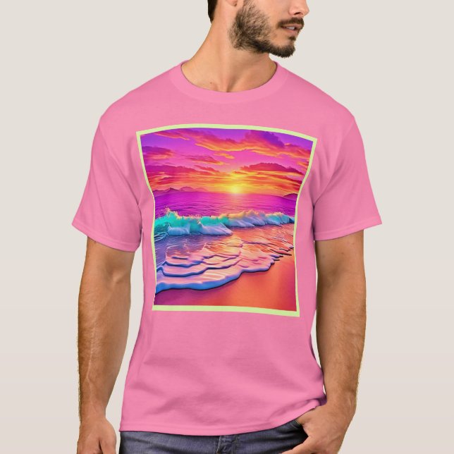 Sunset Beach Waves Design T-Shirt (Front)