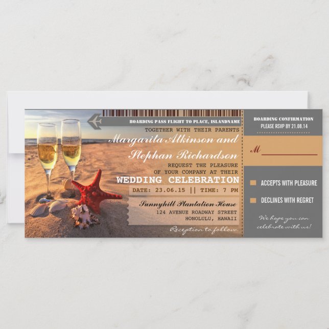 Sunset beach wedding boarding pass invitations (Front)
