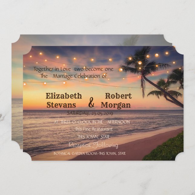 Sunset Beach  Wedding , Palms, Lights  Invitation (Front/Back)