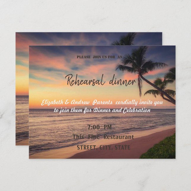 Sunset Beach Wedding, Palms  Rehearsal Dinner Invitation (Front/Back)