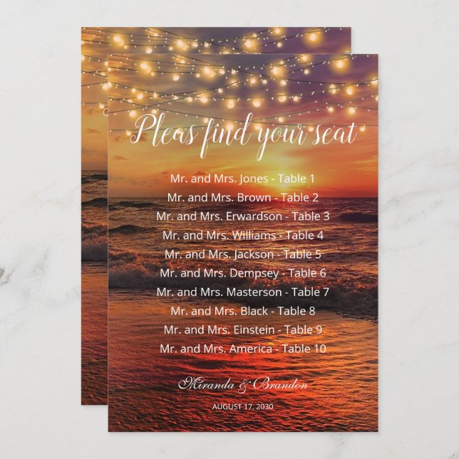 Sunset Beach Wedding Table Number Seating Chart (Front/Back)