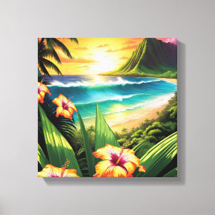 Sunset Beach with Flowers and Palms Canvas Print
