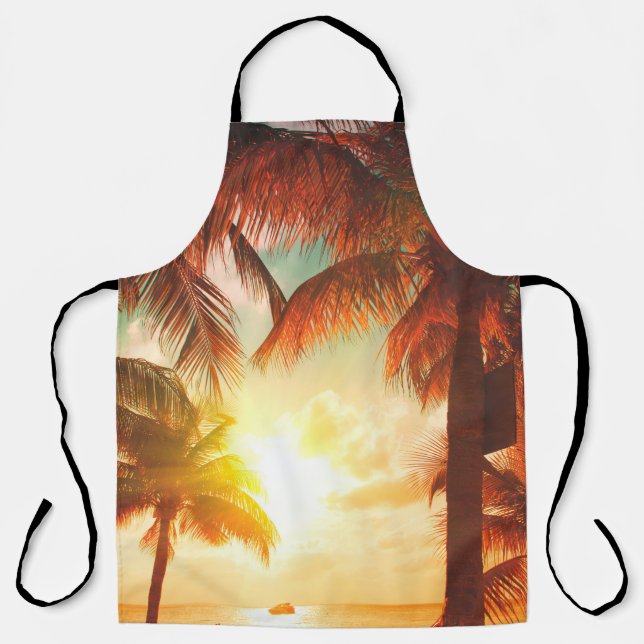 Sunset beach with palm trees and beautiful sky lan apron (Front)