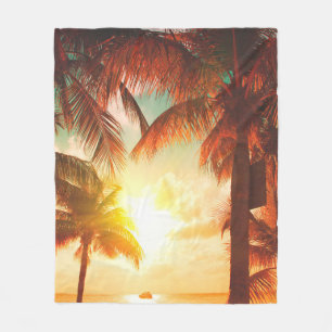 Sunset beach with palm trees and beautiful sky lan fleece blanket