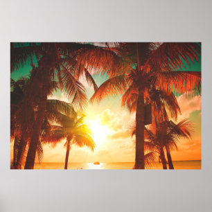 Sunset beach with palm trees and beautiful sky lan poster