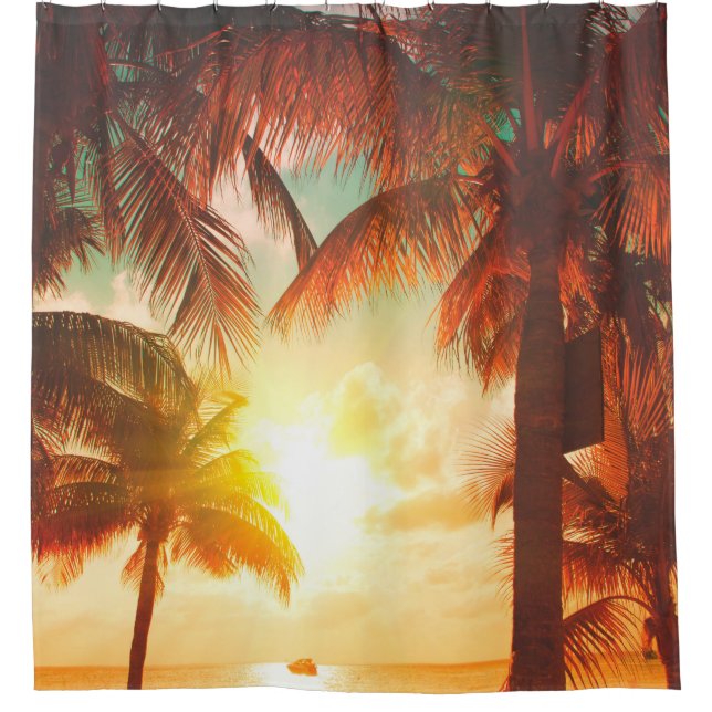 Sunset beach with palm trees and beautiful sky lan shower curtain (Front)