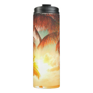 Sunset beach with palm trees and beautiful sky lan thermal tumbler