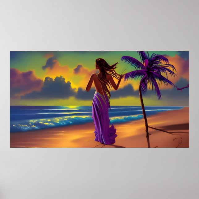 Sunset Beach woman blue sea flowing purple sun Poster (Front)