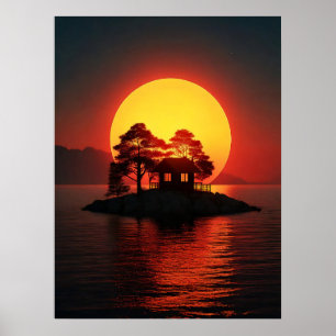 Sunset Behind An Island With Reflection Art Poster