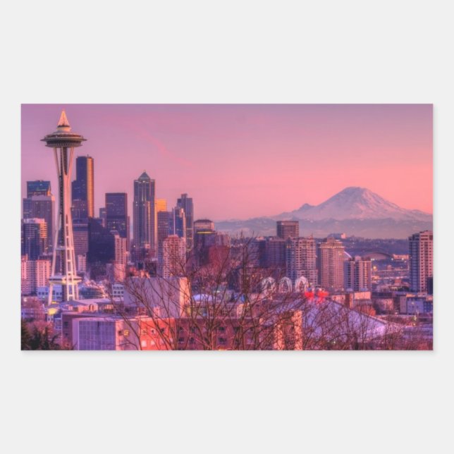 Sunset behind Seattle skyline from Kerry Park. Rectangular Sticker (Front)