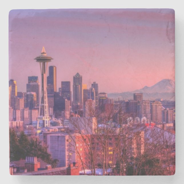 Sunset behind Seattle skyline from Kerry Park. Stone Coaster (Front)