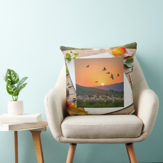 Sunset Birds Illustration on Drawing Sheet Cushion