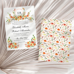 Sunset Bloom Monogram Floral Crest Wedding Invitation