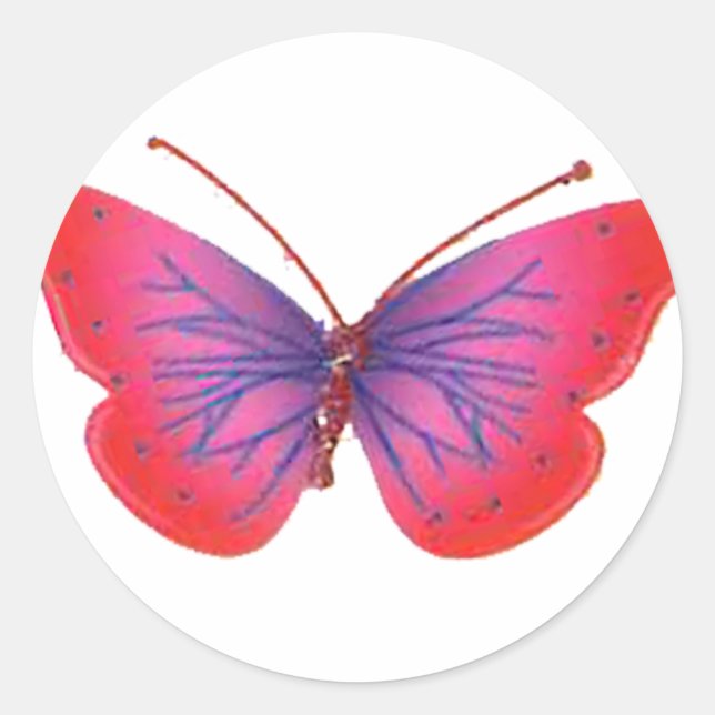 "Sunset Bloom" Red and Purple Butterfly Art Print Classic Round Sticker (Front)