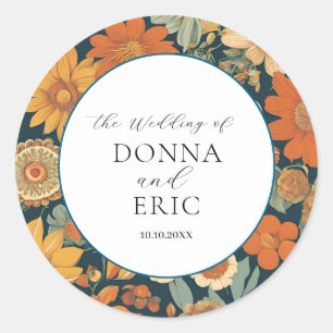 Sunset Blooms: Vintage 70's Orange Floral Wedding Classic Round Sticker
