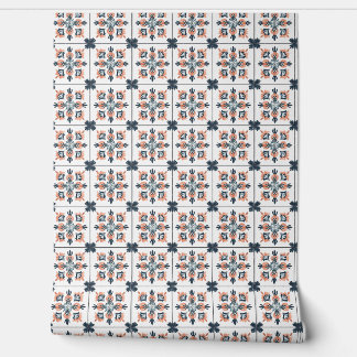 Sunset Blossom Petite - Coral, Navy, White Wallpaper