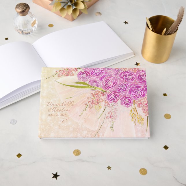 Sunset Blush Sheer bow Bright rose Bouquet Guest Book (Front Open)