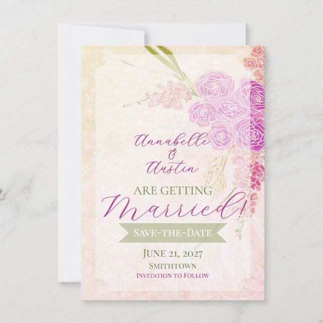 Sunset blush sheer bow Bright Rose Bouquet  Invitation (Front)