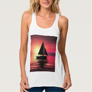 Sunset Boat, Sea And Orange Background Singlet