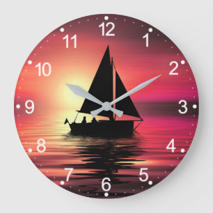 Sunset, Boat, Sea with Orange Background Large Clock