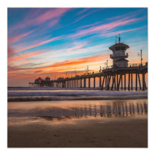 Sunset by Huntington Beach Pier in California Photo Print
