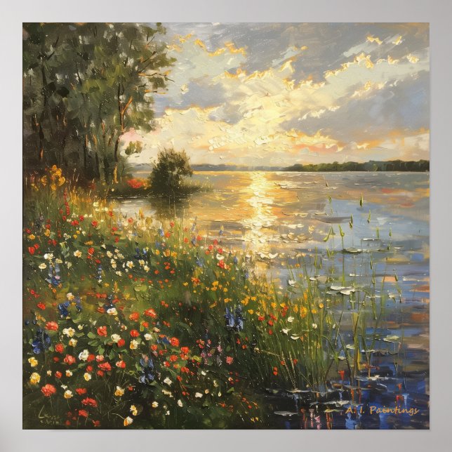 Sunset By the Lake Oil Painting Poster (Front)