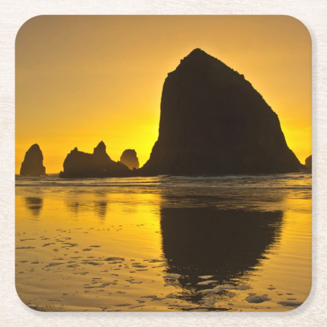 Sunset, Cannon Beach, Oregon, USA Square Paper Coaster (Front)