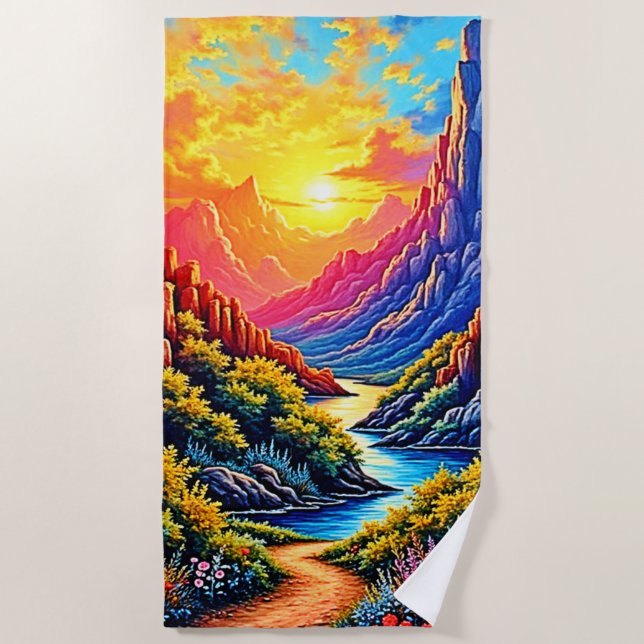 Sunset Canyon River Art Beach Towel (Front)
