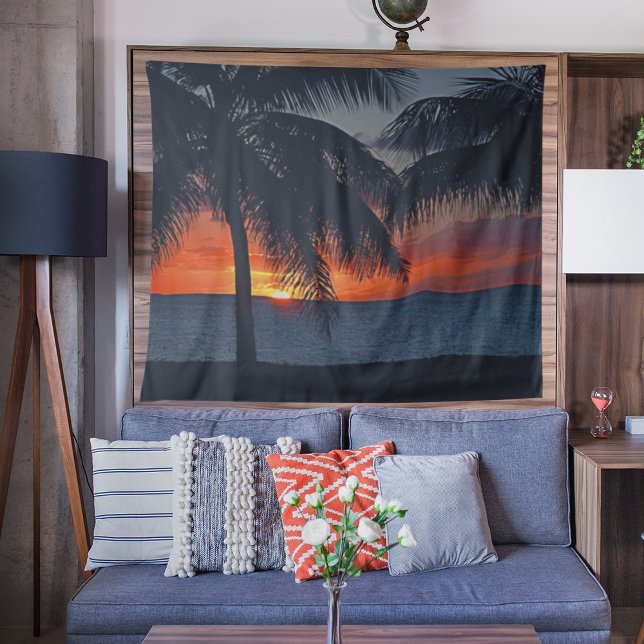 Sunset Caribbean Beach Ocean Palm Trees Beach Tapestry (Creator Uploaded)