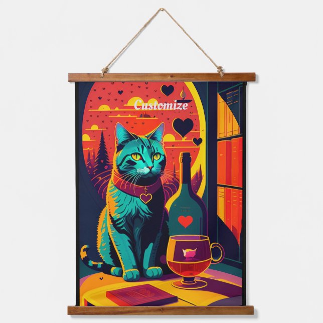Sunset Cat Books And Wine Hanging Tapestry (Front)