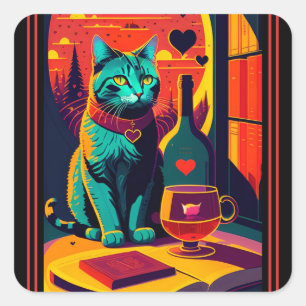 Sunset Cat Books And Wine  Square Sticker