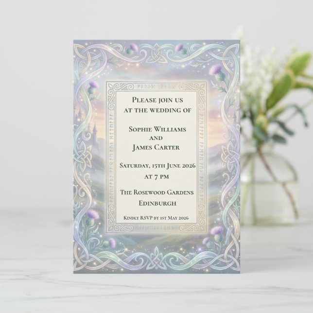 Sunset Celtic Thistle Wedding Invitation (Standing Front)
