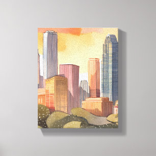 Sunset Cityscape   City Skyline Watercolor Canvas Print