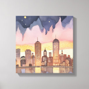 Sunset Cityscape Watercolor Painting Canvas Print