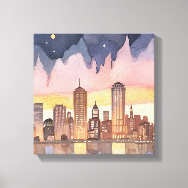 Sunset Cityscape | Watercolor Painting Canvas Print (Front)