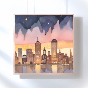 Sunset Cityscape   Watercolor Painting Poster