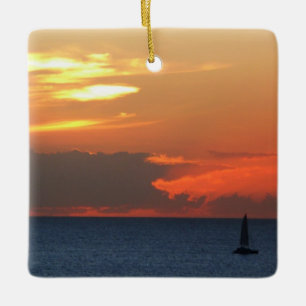 Sunset Clouds and Sailboat Seascape Ceramic Tree Decoration
