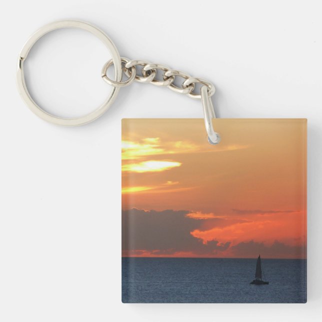 Sunset Clouds and Sailboat Seascape Key Ring (Front)